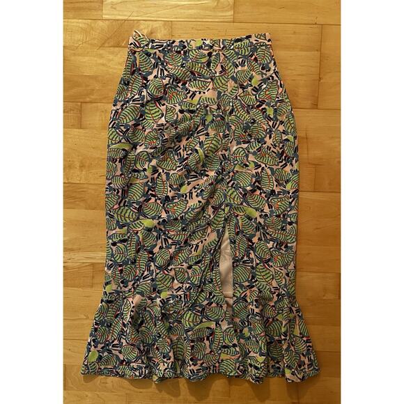 saloni Silk Midi Skirt With Slit In peach banana leaf 2 - Picture 1 of 3